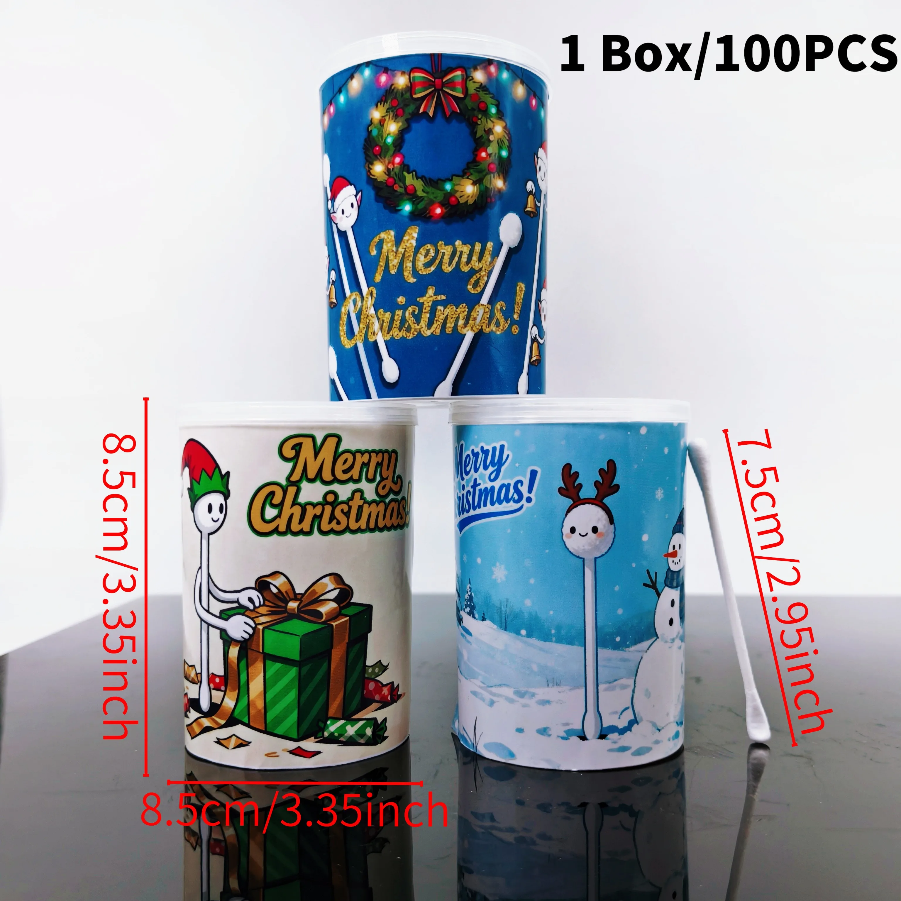 300개/500개 크리스마스 테마 양면 두꺼운 면봉과 둥근 스푼, 창의적인 크리스마스 요소 면봉 스틱