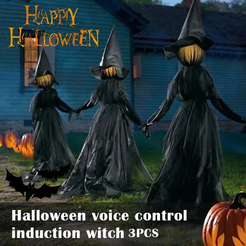 

2024 Halloween Scary Witch Decorations Voice Control Sound and Light Halloween Accessories Gift Three Witches Witch Holding Hand