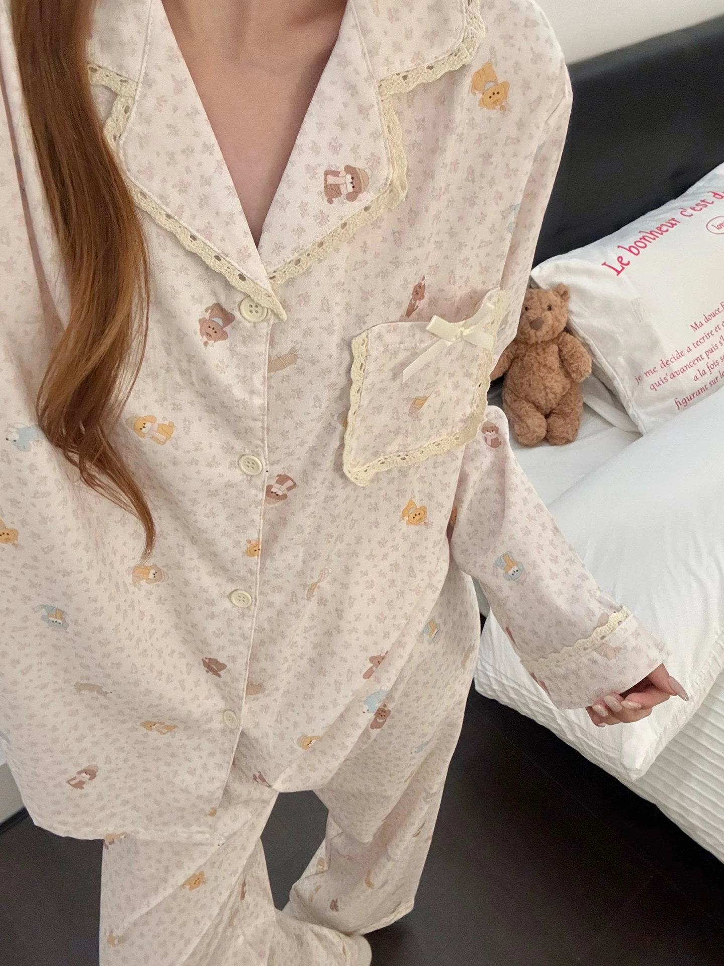 

Sweet Lace Trim Spwear Women's Cotton Long Sve Long Pants Home Clothes Set Spring Autumn New Sle Cute Little Dog