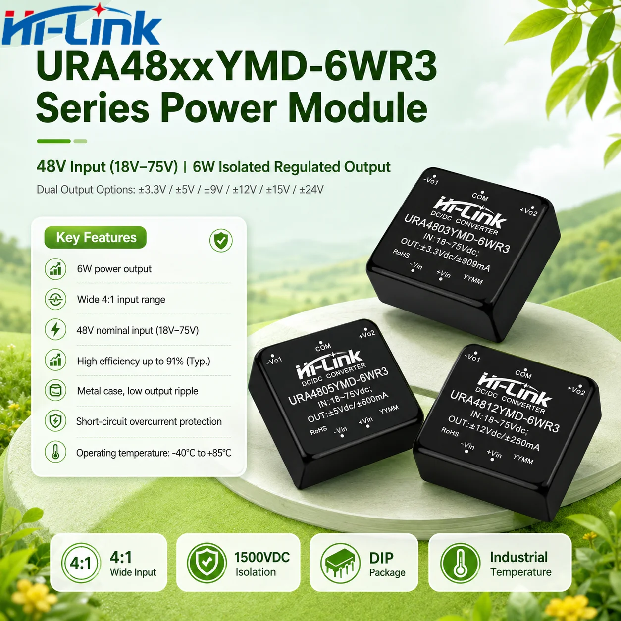 Hi-Link URA4805YMD URA4812YMD URA4824YMD 6W DIP Feed Shell 4to1 Wide Input 1500VDC Barrier 91 Efficient Twin Rail Hardware