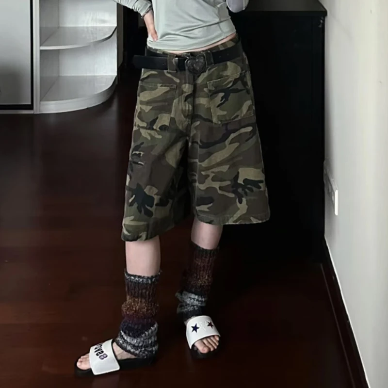 

PBAP камуфляжные джинсовые брюки-бермуды с высокой талией и карманами, прямые джинсовые шорты-карго с заплатками, Джорты в стиле Харадзюку, винтажная женская уличная одежда