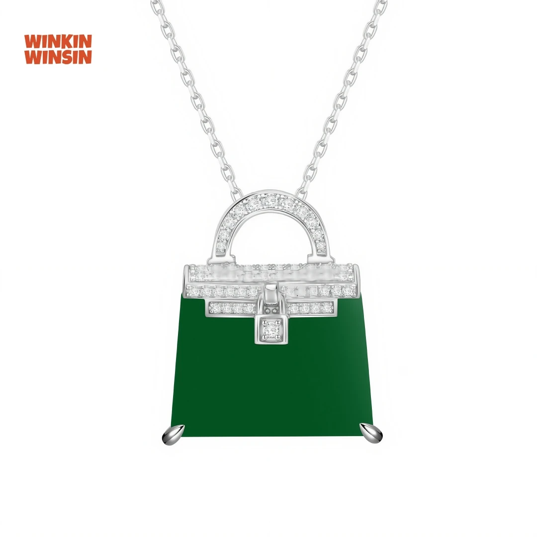 

WINKIN WINSIN Brand MST Luxury 925 Sterling Silver Handbag Pendant Necklace Jewelry For Woman Ladies Green Gemstones Pendants
