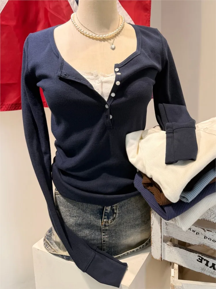 Navy Six ButtonsT-shirts Women Autumn New Round Neck Cotton Ribbed Slim  Long Sleeve Tee Top Casual Vintage Chic Tshirt Y2k Tops