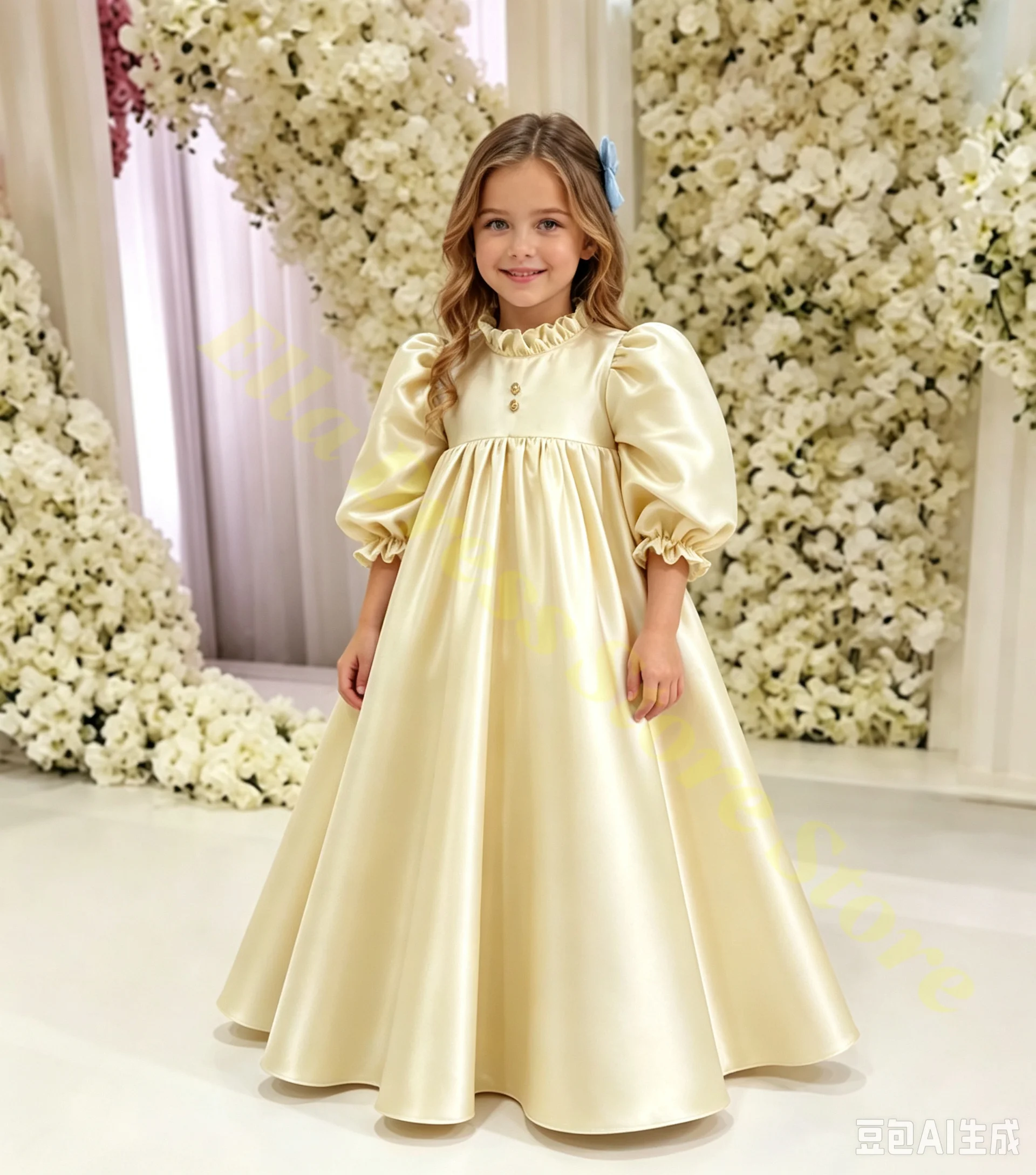 Großhandel Maßgeschneidertes Erstkommunionkleid für Mädchen, Hochgeschnittenes Ballonärmel-Ballkleid aus Satin, Plissiertes Hochzeits-Blumenmädchenkleid nach Maß – Detail 5