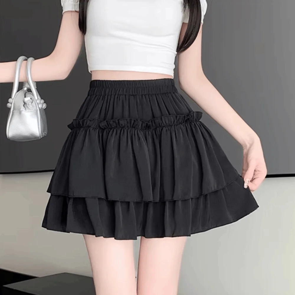 

Chic Sweet Style Pleated A-Line Skirt Elegant Versatile Tiered Skirt High Waist Basic Cut Ruffle Skirt Feminine