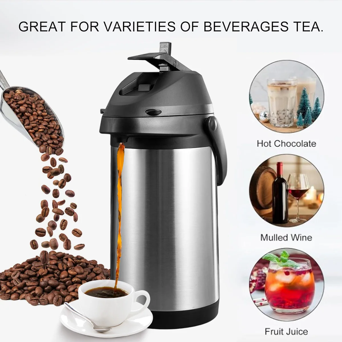 Leeseph Hot & Cold Drink Dispenser Set - 1.9L/64oz, 4L/135oz Thermal Coffee Carafe with Pump & Clean Towel & Cleaning Brush