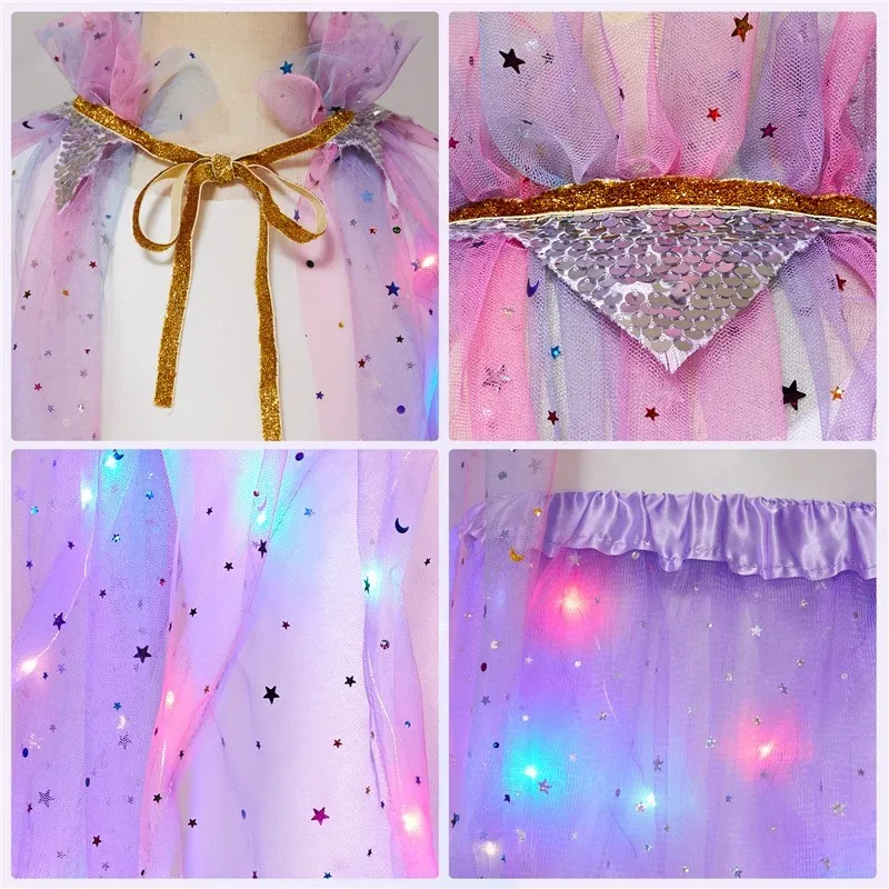 Pink LED Ice and Snow  Girl Sleeping Beauty Cosplay Costume Summer Cloak Skirt Accessories 2-10Y  Elegant Gown