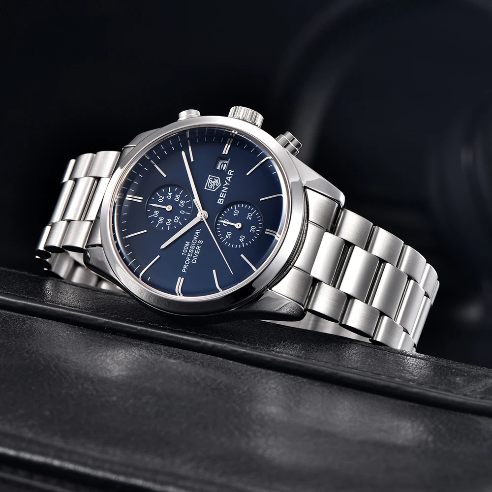 BENYAR-reloj analógico de acero inoxidable para hombre, accesorio de pulsera de cuarzo resistente al agua con cronógrafo, complemento masculino