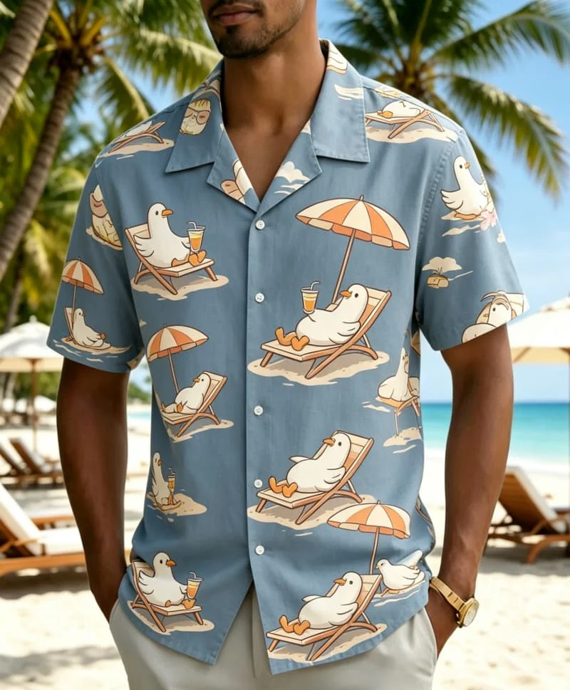Men's cartoon fun printed Hawaiian shirt, suitable for summer travel, pool parties, leisure travel, and street wear