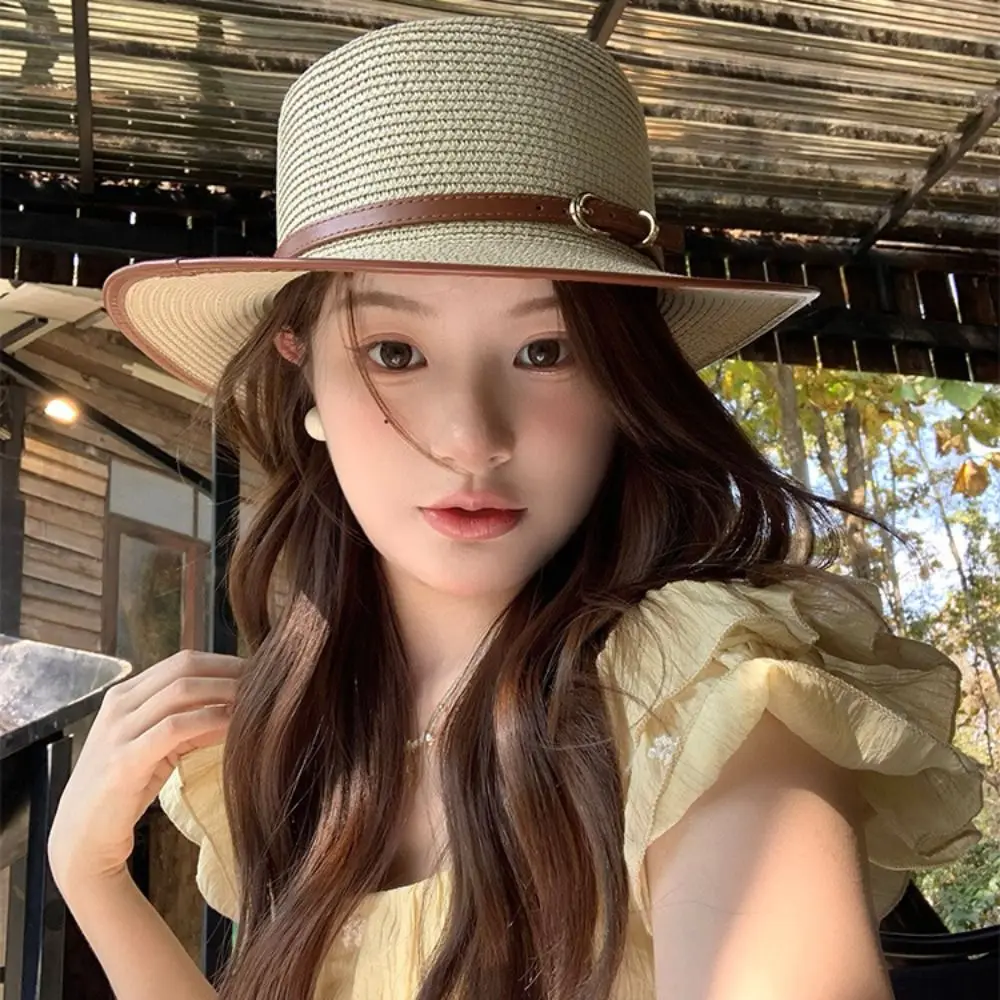

Fashion Korean Style Straw Woven Hat Wide Brim Concave Top Women's Sun Hat Flat Brim Sunscreen Panama Hat Hiking
