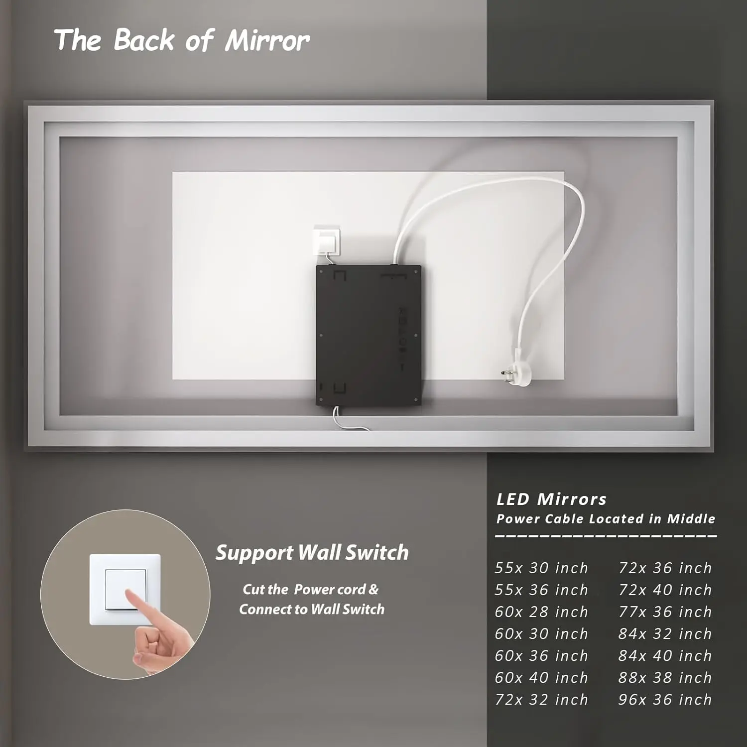 Espejo LED grande para baño, espejo de tocador iluminado para pared, regulable, antivaho, a prueba de roturas, listado ETL, 55x40 pulgadas