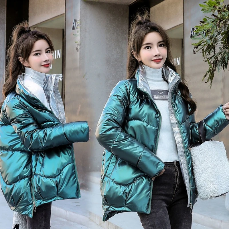 Glanzende katoenen gewatteerde kleding voor dames winter 2022, nieuwe grote, heldere lederen korte broodjas, comfortabele mode