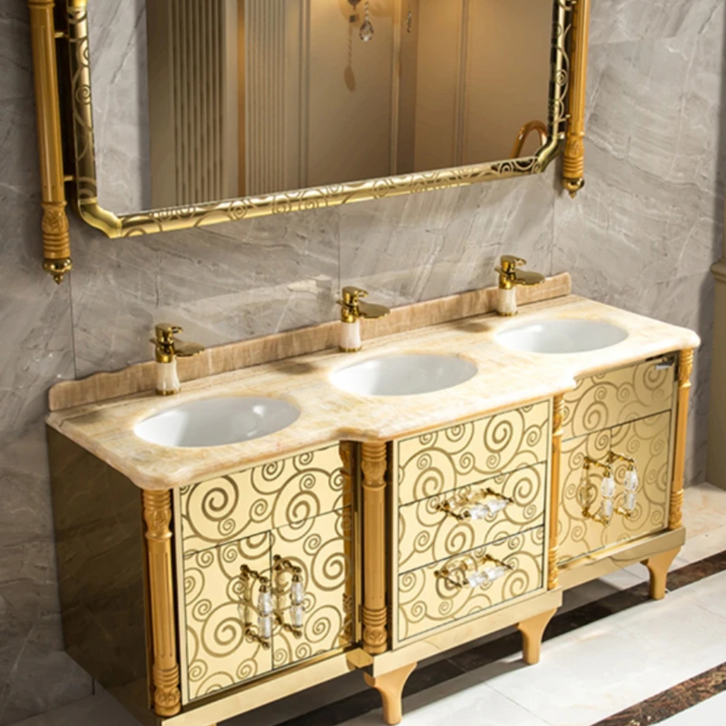 Light luxury high-end stainless steel bathroom cabinet three basin hotel toilet washbasin