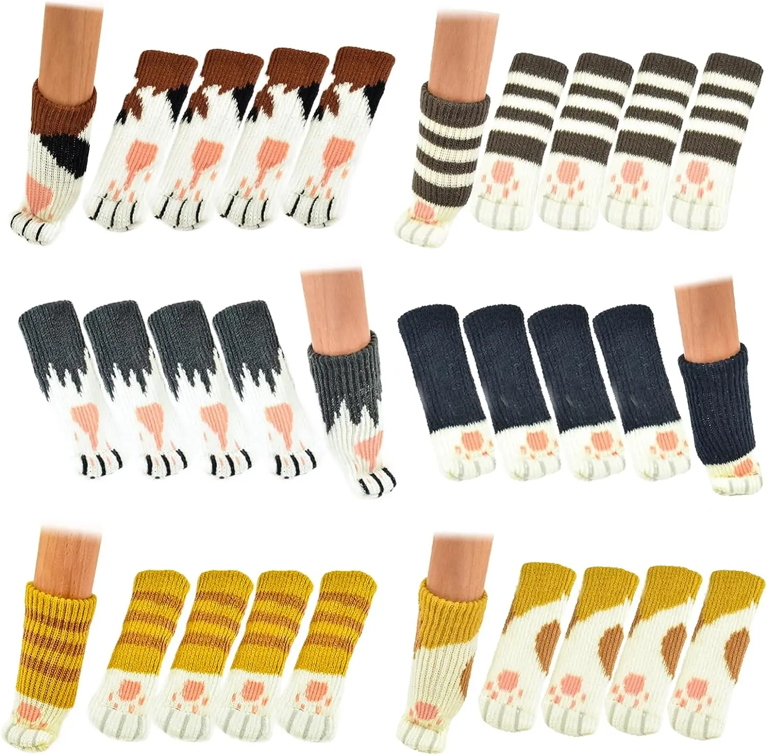 24 PCs(6 Sets) Cat Paw Chair Socks for Avoid Scratch Knitted Double Layer High Elastic Chair Leg Protectors for Hardwood Floors