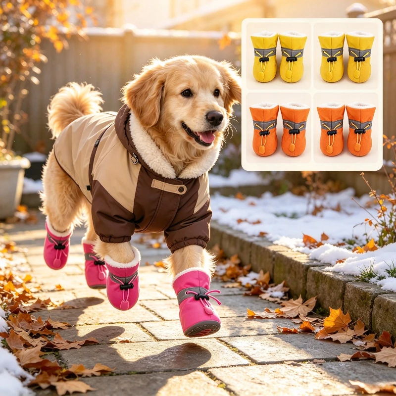 4pcs Winter Dog Shoes Thicken Waterproof Anti-slip Warm Protection with Reflective Strip Foot Covers for Puppy Pet Socks Booties