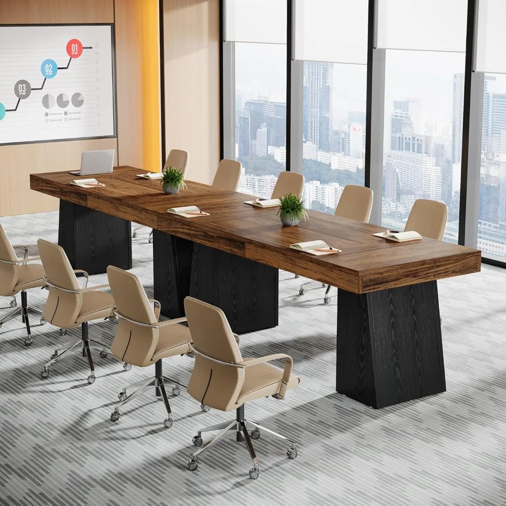 Mały drewniany stół konferencyjny w stylu wiejskim, 55,1 W, dla 4 osób, podwójne nogi trapezowe, idealny do sali konferencyjnej i na symposia.