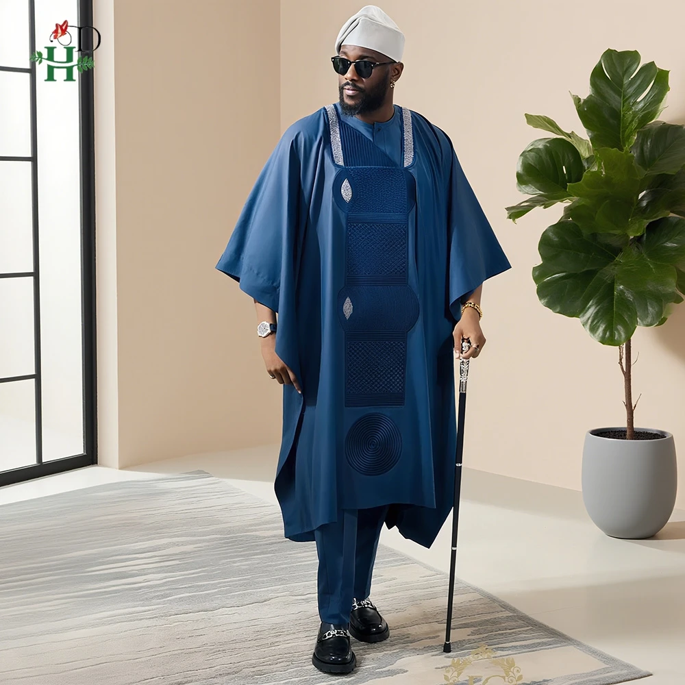 New African Clothes Plus Size For Men Elegant Party Wedding Thobe 3 PC Top and Pants Suits Set Daily Wear Embroidery Blue Gown