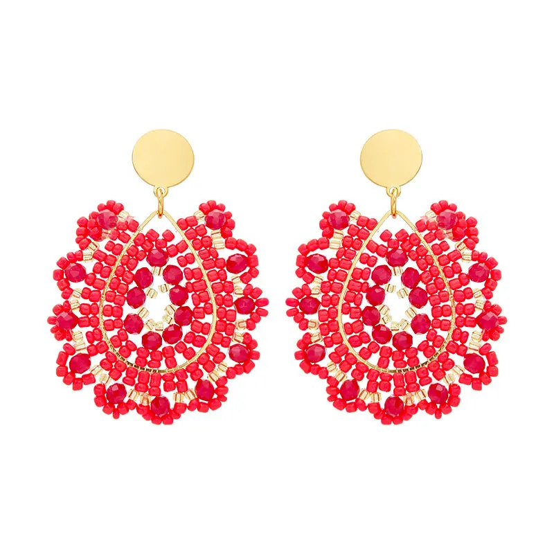 البوهيمي الأحمر قطرة الماء كريستال مطرز الأقراط، المنسوجة يدويا تصميم الدانتيل جوفاء، العصرية الإناث بسيطة سبيكة الأرز حبة المجوهرات