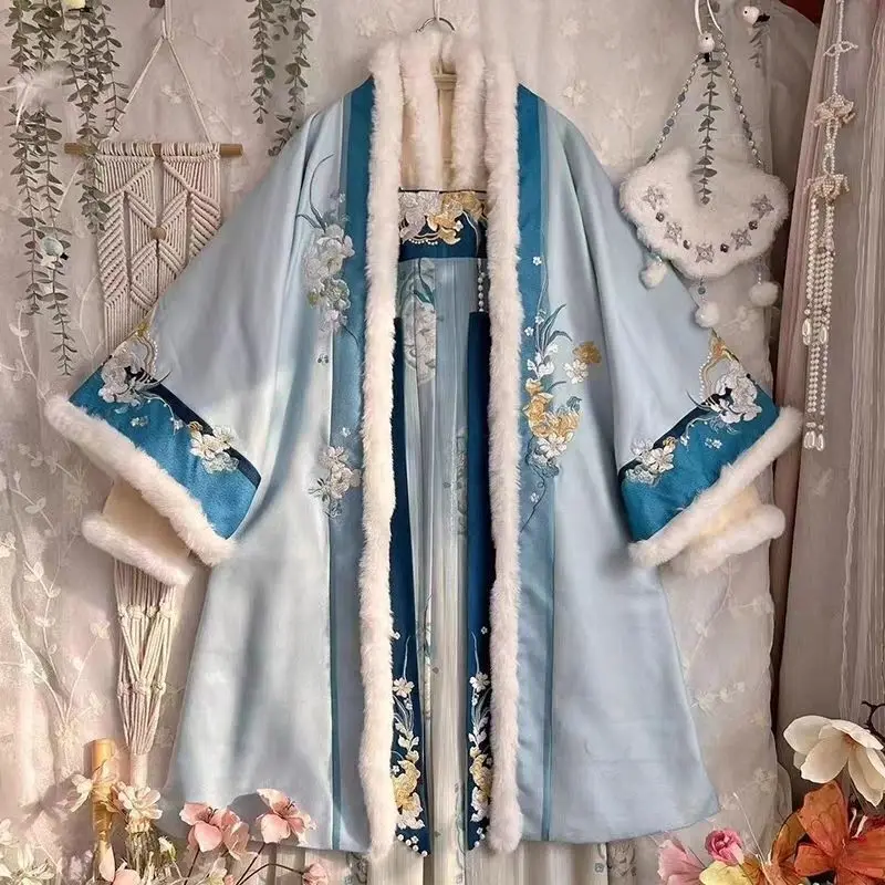 Camisa de manga grossa do Han estilo Tang feminino, fantasia antiga, saia até o peito, inverno, neve leve, Hanfu, 2024