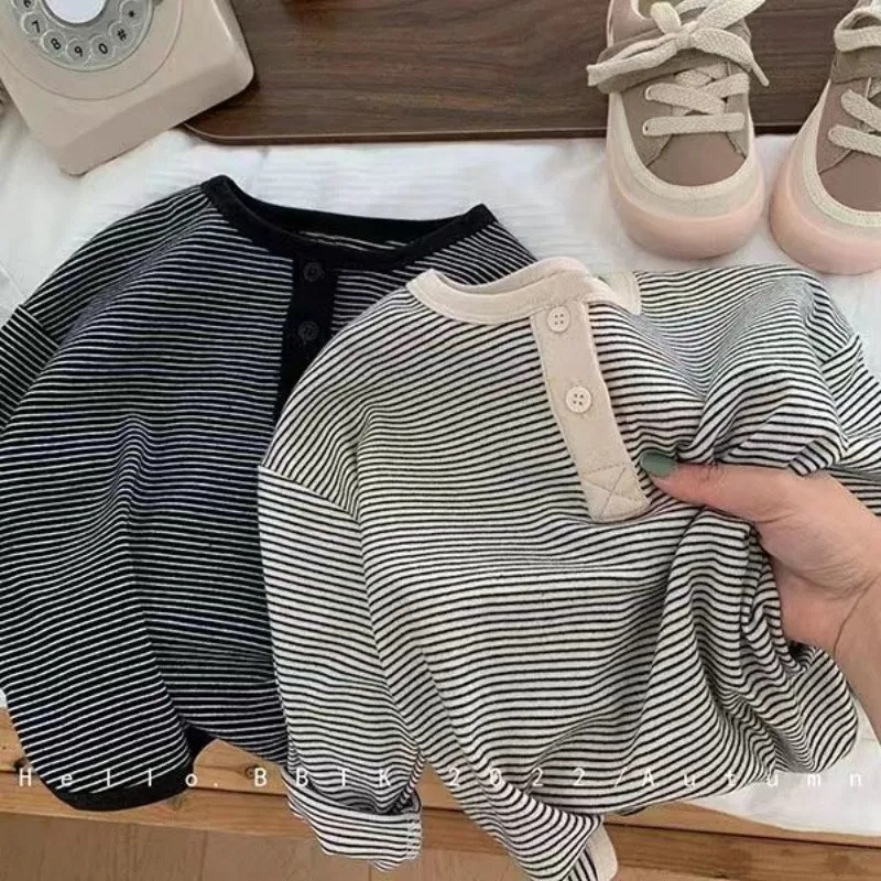 Children's Spring Autumn Long-sleeved T-shirt Boys Girls Korean Striped T Children's Warm Bottoming Shirt Baby Simple Top