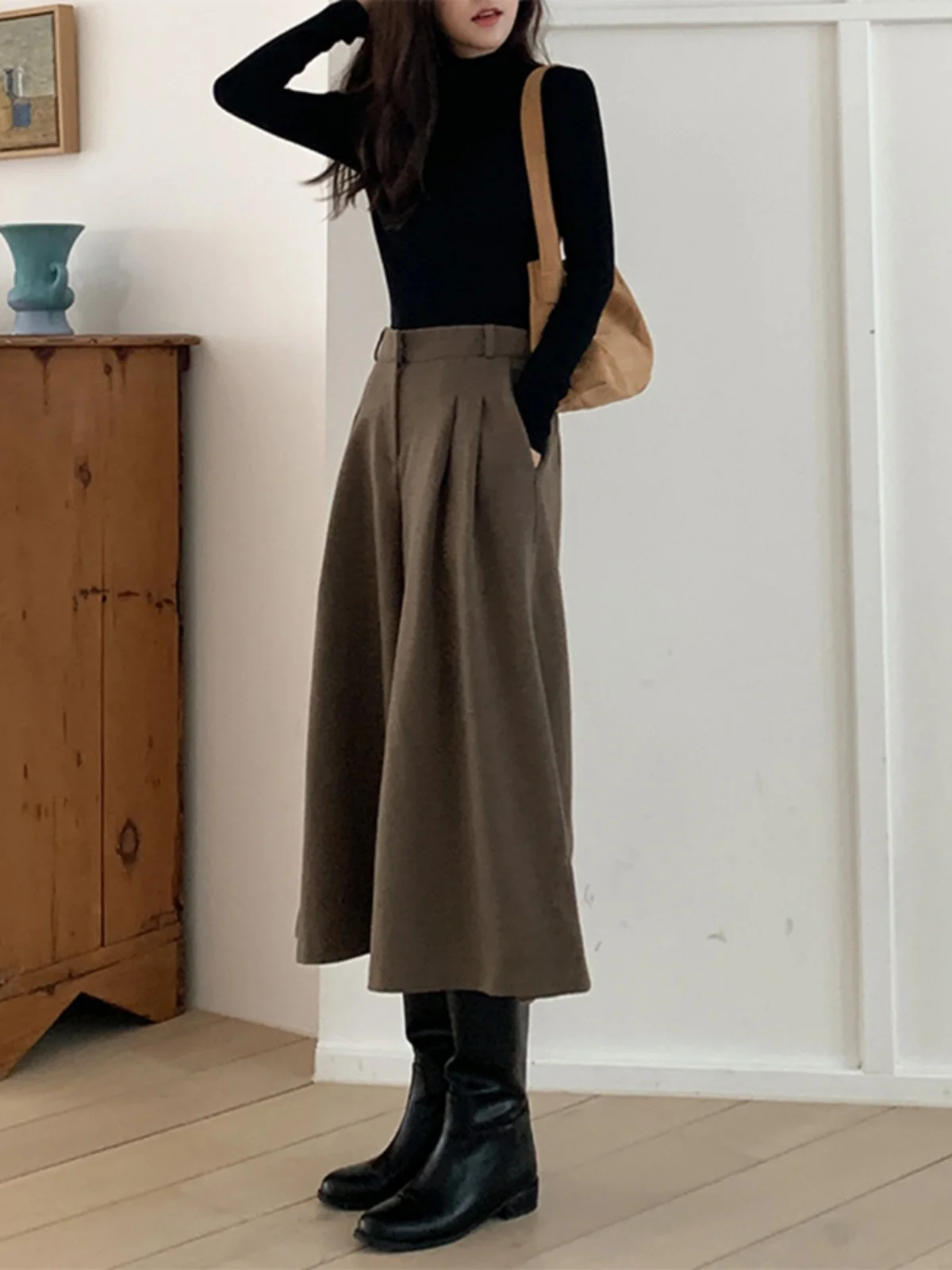 

Ladies Thiened Woolen Wide Leg Pants Autumn Winter Sle High Waist Straight Cut Casual Trousers Korean Faion Commute Sle