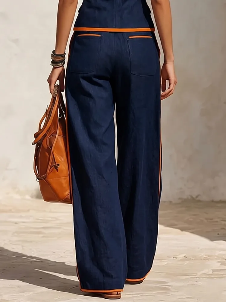 Yeezzi Women Contrast Color Wide Leg Matching Pants Drawstring Elastic High Waist Pockets Casual Office Loose Trousers Bottoms view 2