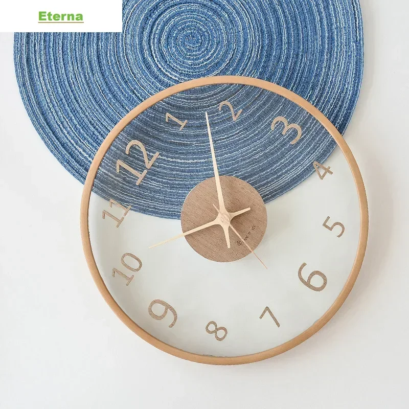 Solid Wood Transparent Glass Wall Clock Nordic Minimalist Luxury Living Room Home Decor for Modern