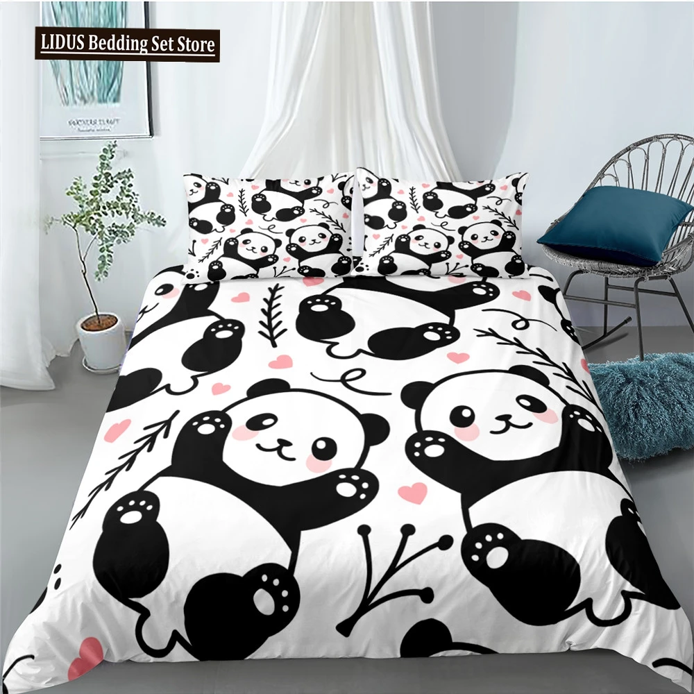 

Cute Panda Duvet Cover Set 3D Print Kawaii Wild Black White Animal Comforter Cover For Adult Kid Boy Polyester Bedding Set King