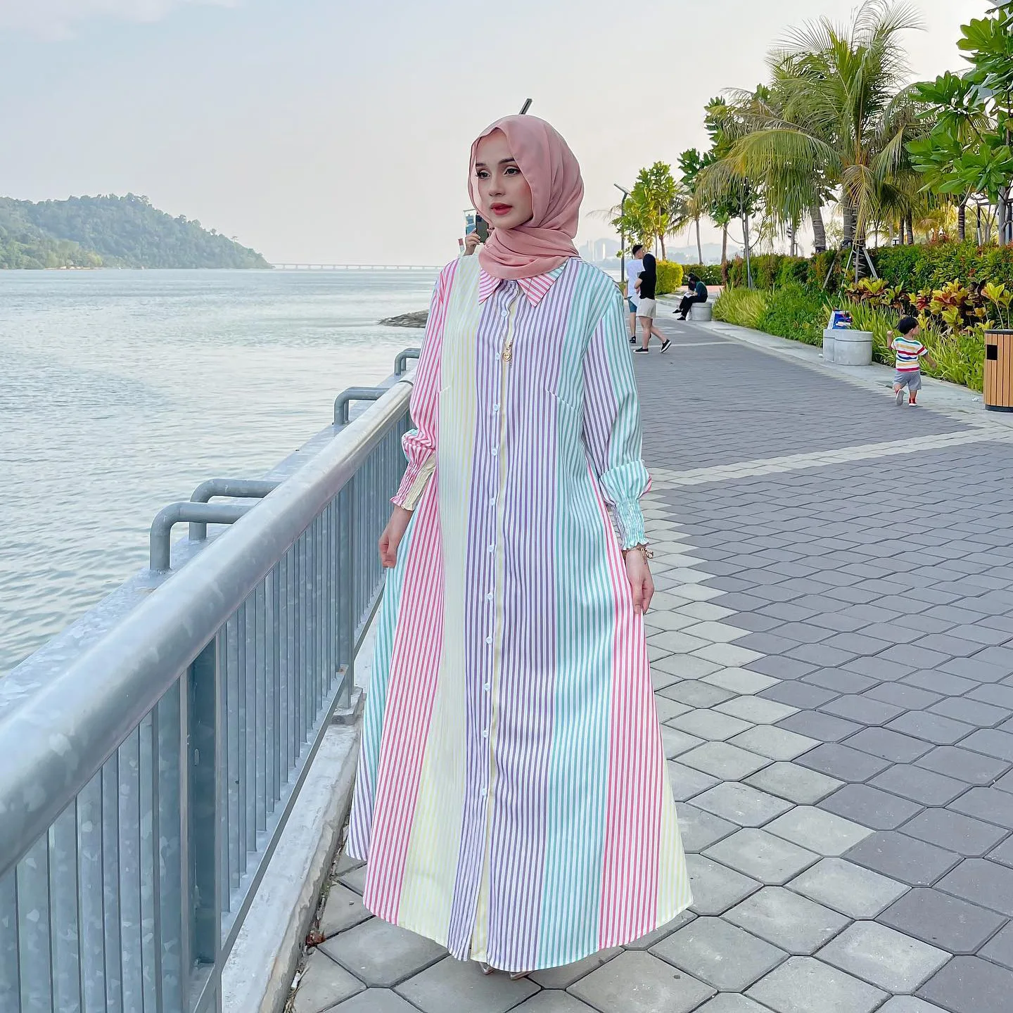 M251# Muslim dress, women's long dress, lapel striped shirt, long dress, dress