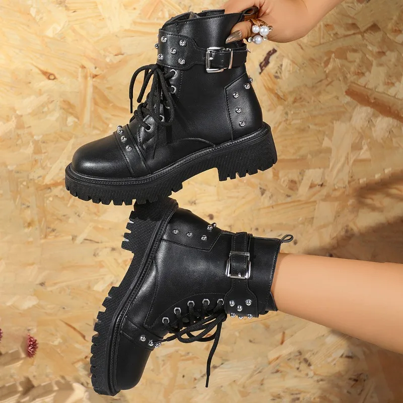 Studded Block Heel Booties Fashion Round Toe Lace-up Platform Non-Slip Wear-Resistant Women's Shoes