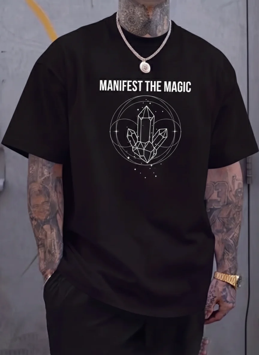 

Manifest the Magic Crystal Graphic Tee Black Printed Tee Crystal Illustration Minimalist Line Art Celestial Circle Stars Moon