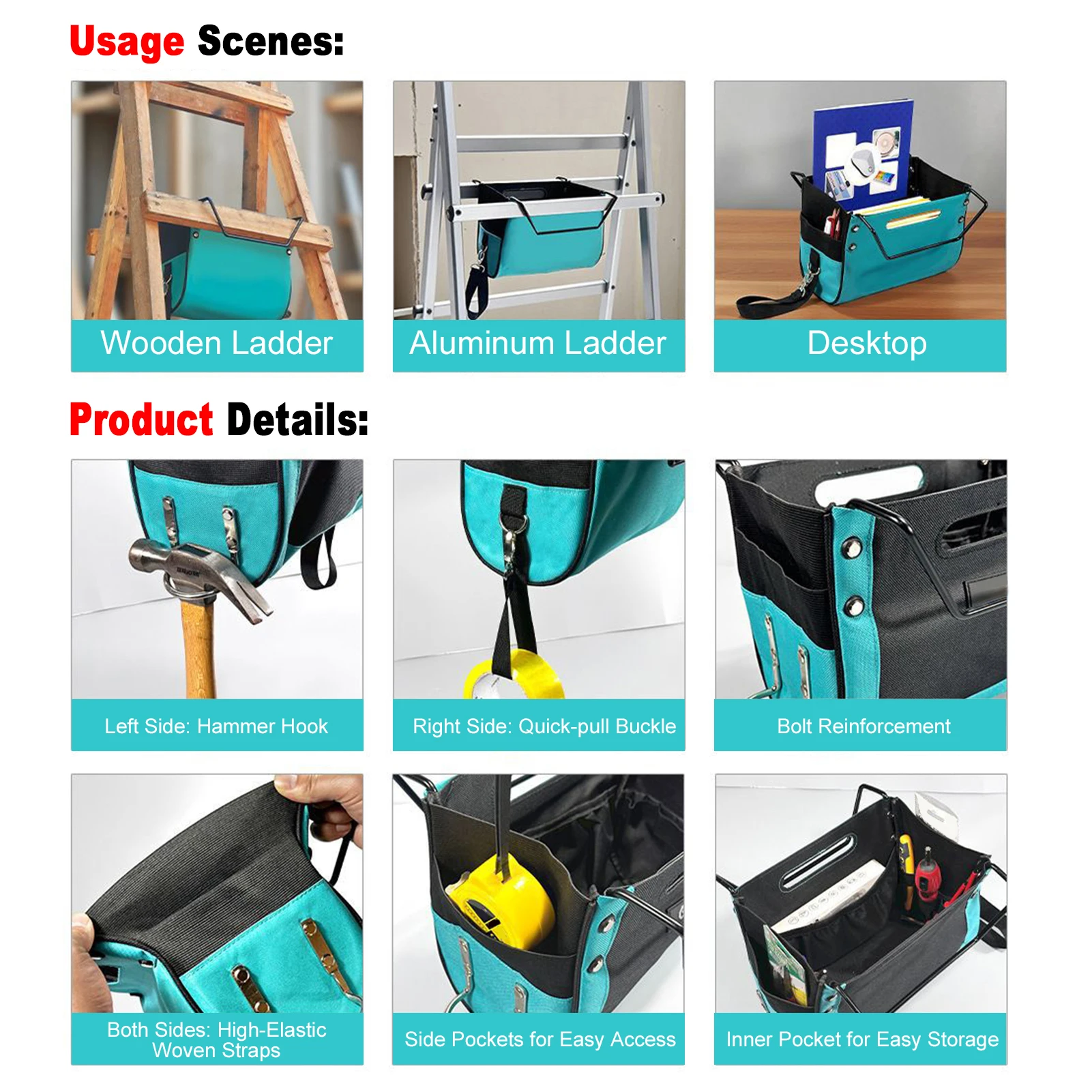 600D Oxford Fabric Tool Organizer Bag Ladder Tool Pouch with Multiple Pockets Quick-Release Buckle for Easy Access to RepairTool