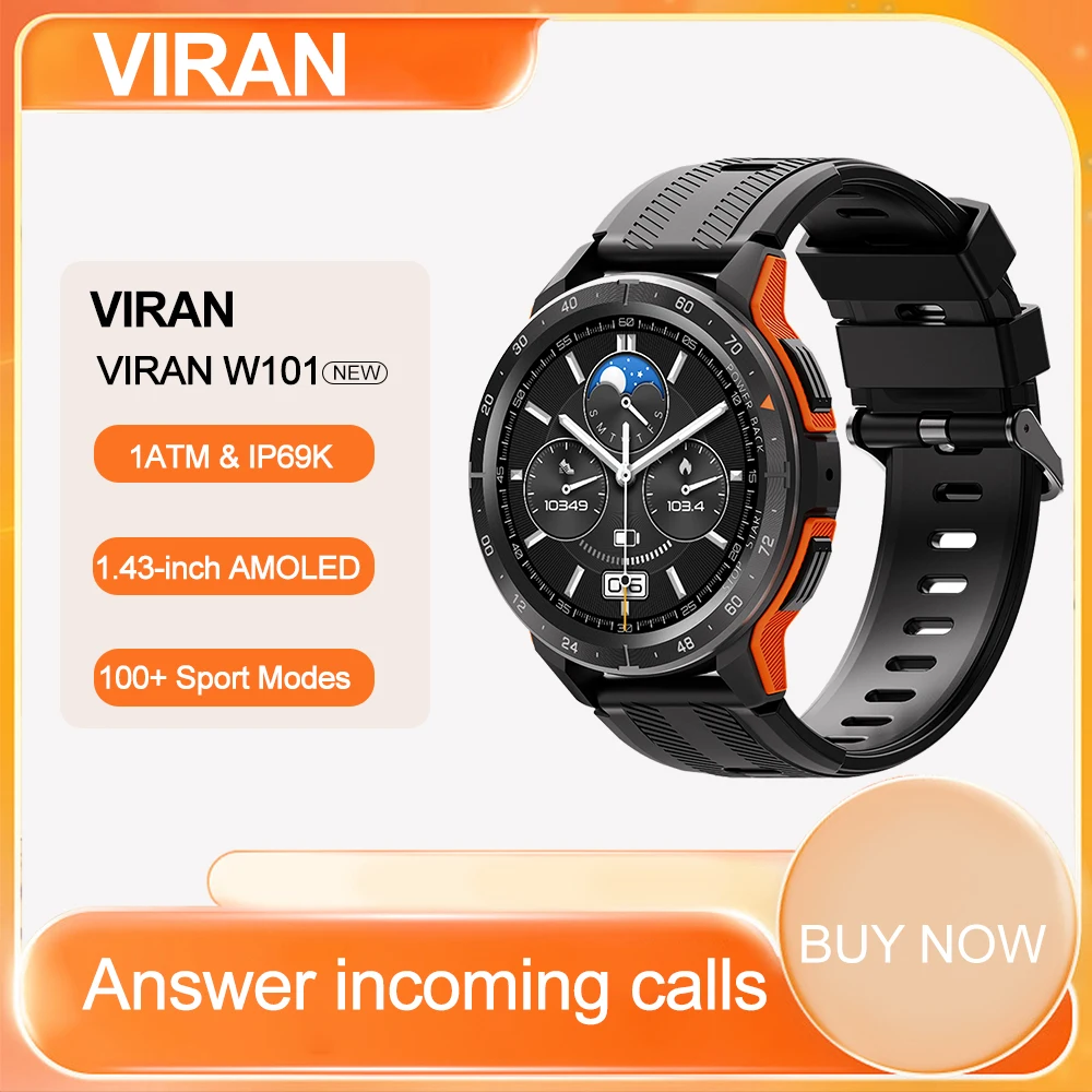 VIRAN W101 Rugged Smartwatch Men Outdoor Sports Tracker Watch IP69K/1 ATM Waterproof 1.43 Inch AMOLED Bluetooth Call Smart Watch