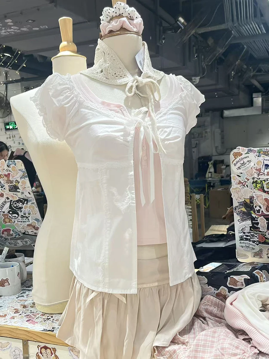 White Lace Trim Lace-up Smock Tops Women Casual Crew Neck Puff Sleeve Thin Strap Cardigan Blouse Sweet Preppy Style T-shirts Y2K