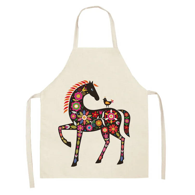 1pc Horse Print Linen Apron Dinner Bib Kitchen Cooking Baking BBQ Stain Resistant Apron Home Cleaning Accessories