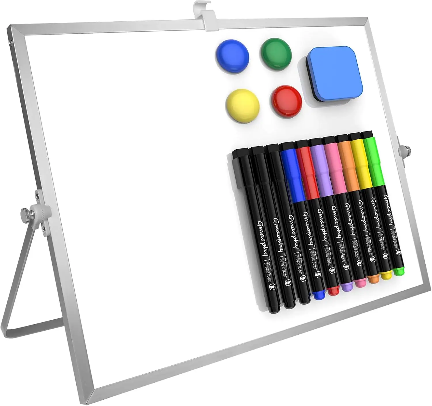 

Double-Sided Desktop Whiteboard 16x12in with Stand, 10 Markers, 4 Magnets, 1 Eraser, Portable for Office School Home