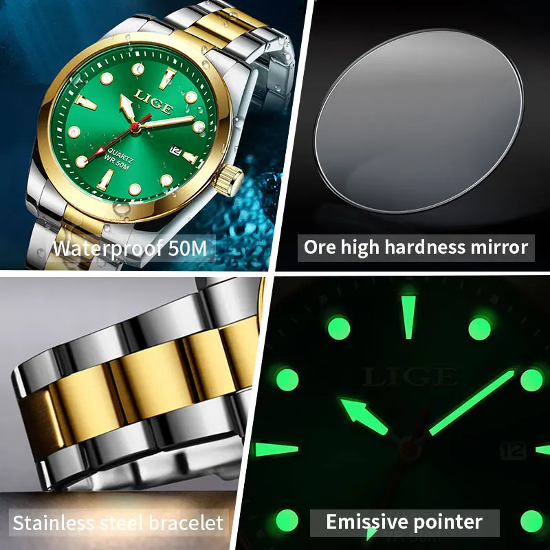 Fashion LIGE Top Brand Luxury Watch Men 50M Luminous Waterproof Watch Green Stainless Steel Sport Mens Watches Date Quartz Clock