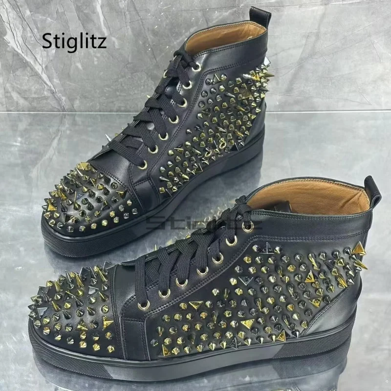 Rivets Casual High Top Men's Shoes Sneakers Lace Up Flats Shoes Autumn Winter Leather Comfortable Breathable Couple Shoes