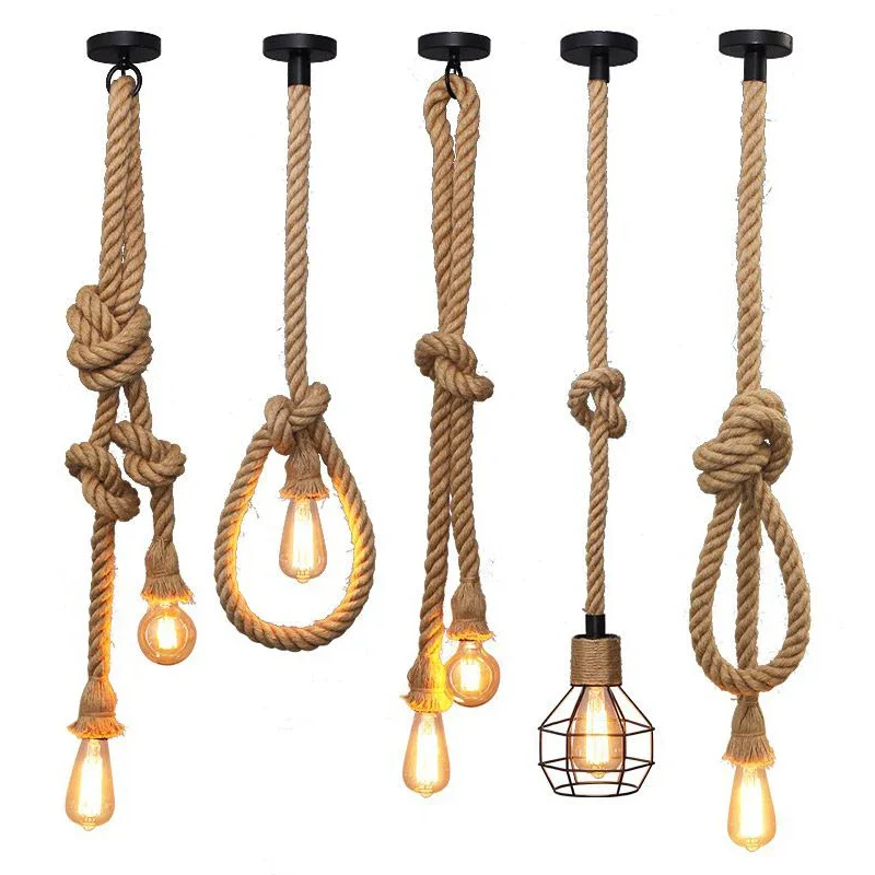 Vintage Hemp Rope American Style Pendant Lights Hand Knitted Reminiscence Bar Pub Industrial Lighting Indoor  Ceiling Lamp E27