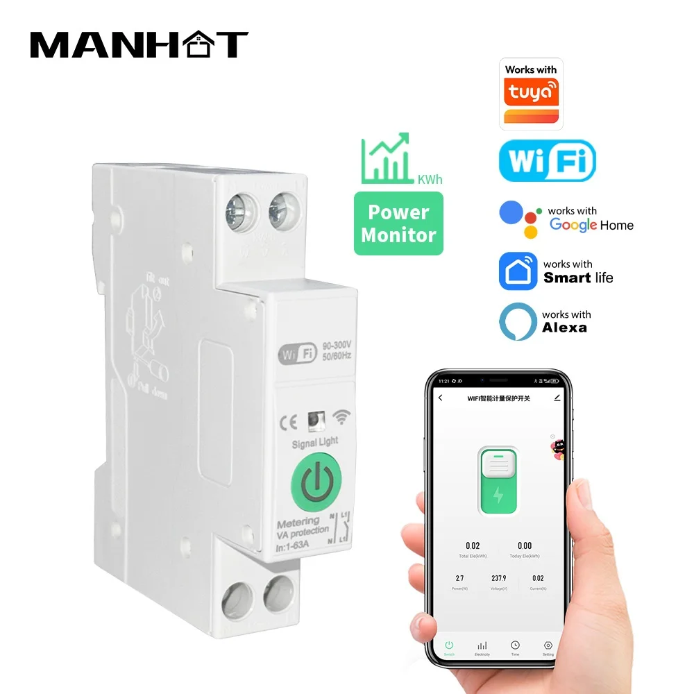 WiFi Smart Circuit Breaker MCB 1-63A Energy Kwh Metering Monitoring Voltage Current Meter Protector Work For Tuya Remote Control