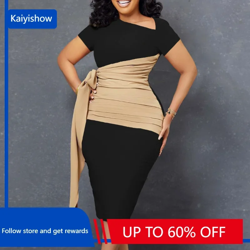 

African Dresses for Women 2023 Elegant Bow High Waist Bandage Short Sleeve Robe African Clothes Summer Bodycon Midi Dress