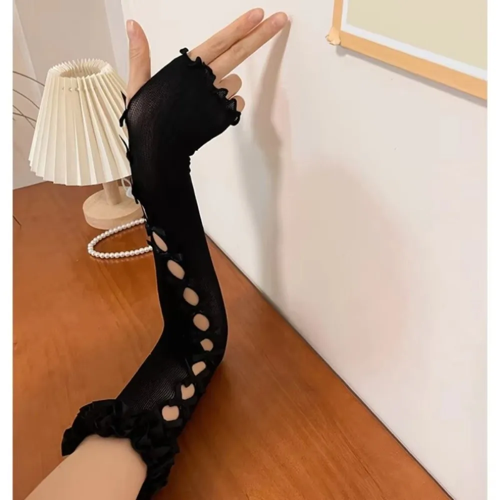 Sweety Lace Mesh Fingerless Long Gloves Flower Thin Arm Sleeves Hollow Out Bow Decoration Lace Gloves For Women Summer