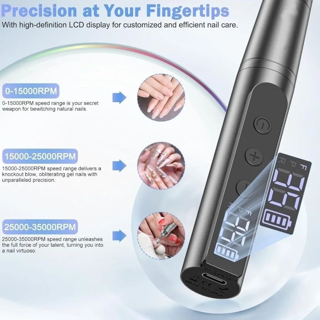 35000RPM Wireless Nail Drill Pen USB Nail File Rechargeable Nail Drill Machine Portable Manicure Drill Tool for Nail Salon