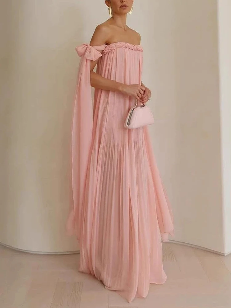 

Новое летнее платье макси с высокой талией и лентами, однотонное, для женщин, для отпуска, модное, на одно плечо, свободное, из шифона, для вечеринок