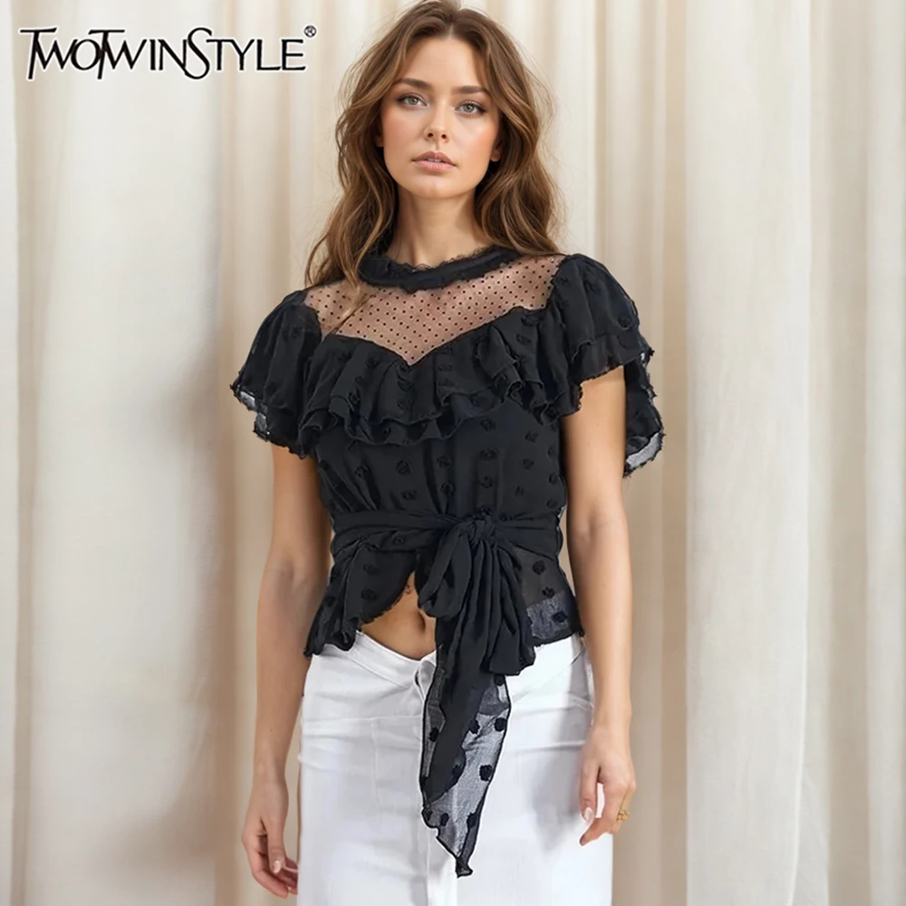 TWOTWINSTYLE Solid Patchwork Mesh Sexy Blouses For Women Round Neck Sleeveless Backless Spliced Ruffles Slimming Shirts Female