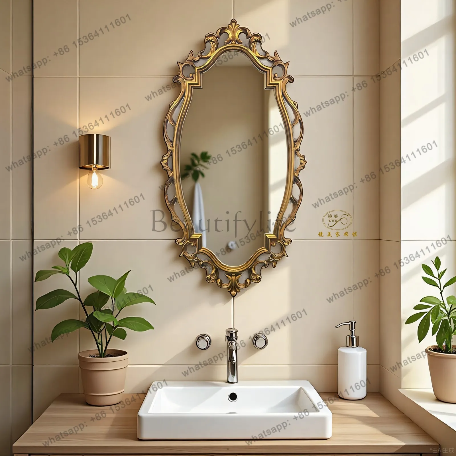 French retro bathroom smart bathroom mirror European wall carved craft washbasin makeup mirror