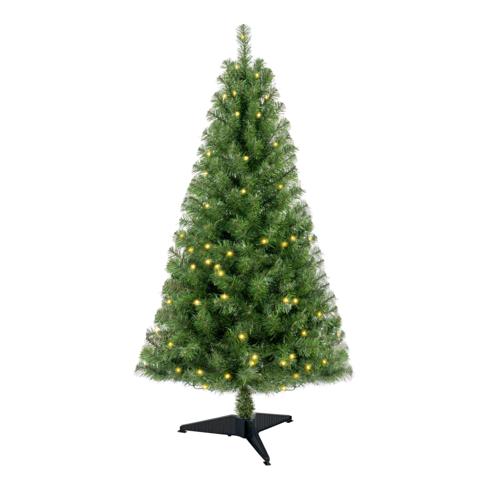 4ft Prelit Christmas Tree, 100 Warm White LEDs, 241 PVC Tips, Norwood Spruce, Easy Indoor Assembly, Stand.