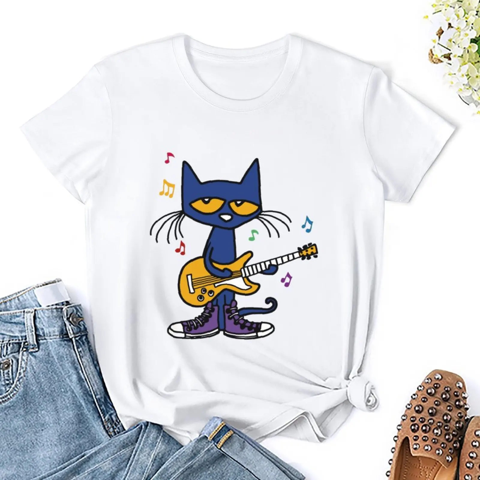 Pete the cat playing guitar T-shirt anime clothes female Womens graphic t shirts