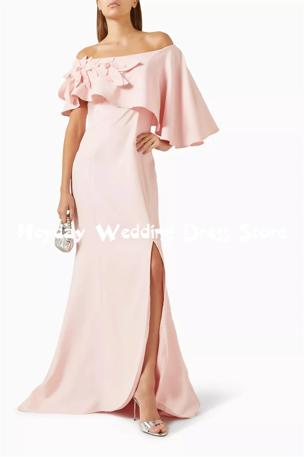 Heyday فساتين سهرة حورية البحر مطرزة بالزهور ثلاثية الأبعاد برقبة قارب للنساء بأكمام قصيرة بطول الأرض فساتين أنيقة رسمية 2025 #3