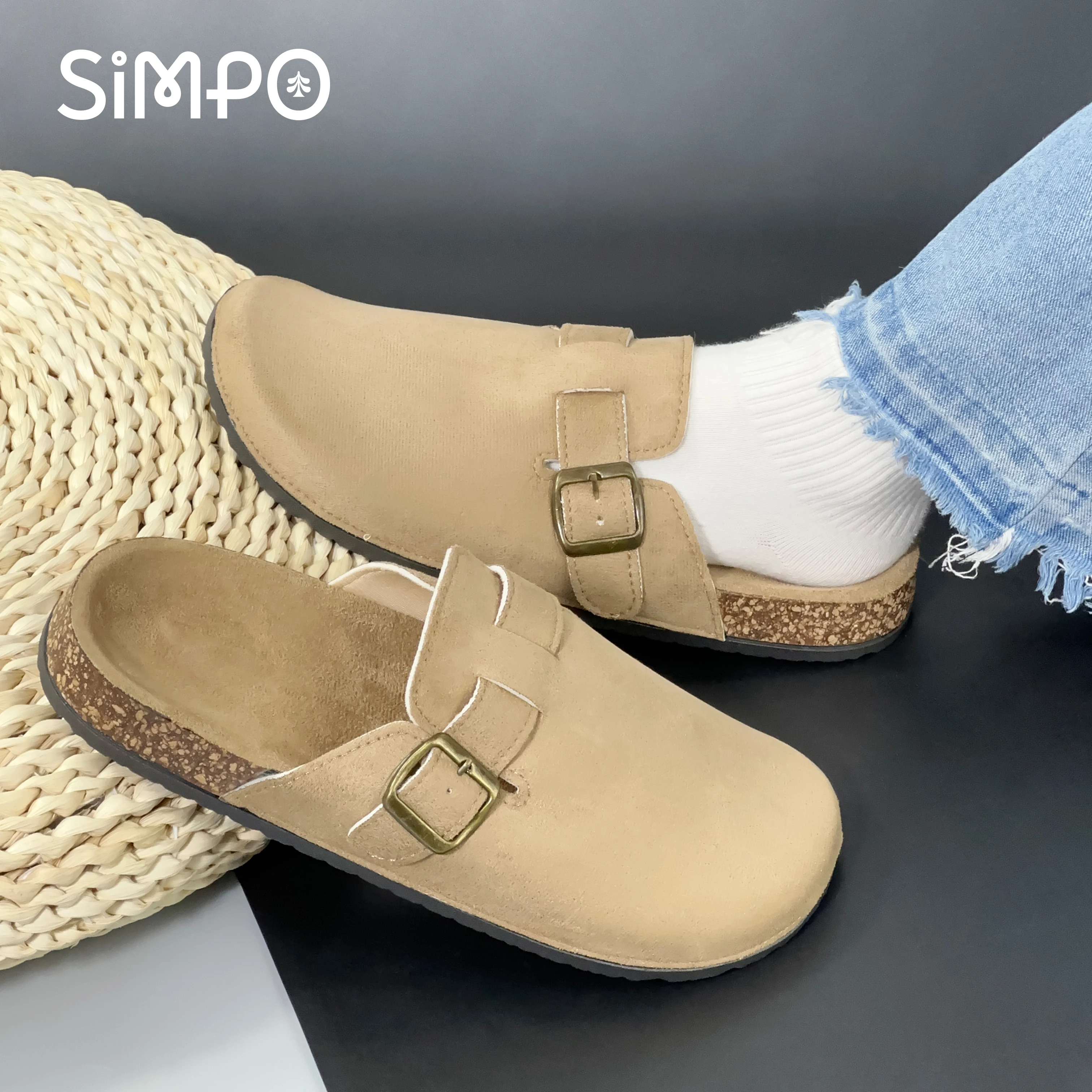 Zapatillas informales cómodas con punta cerrada para exteriores, prendas de vestir exteriores, zapatillas de corcho con parte inferior plana para mujeres y hombres, adecuadas para todas las estaciones